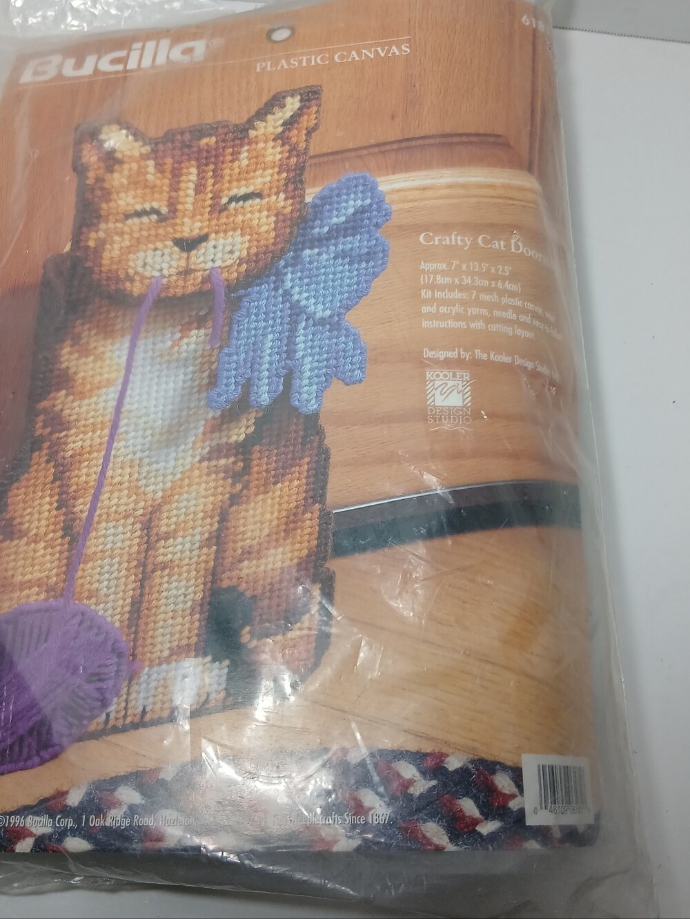 Vintage Bucilla Crafty Cat Doorstop Plastic Canvas Kit 6181 Orange Tabby Cat